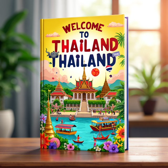 The cover features a vibrant and colorful illustration of iconic landmarks in Thailand such as the Grand Palace, Wat Arun, and floating markets. The foreground is filled with happy and energetic tourists enjoying the diverse attractions of Thailand. The overall style is lively and cheerful, capturing the essence of the country.