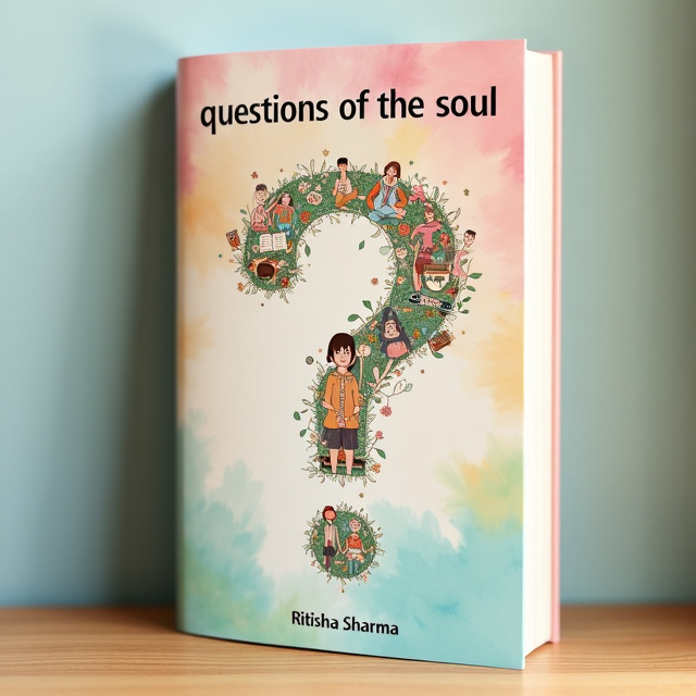 The cover features a soft and ethereal background in pastel colors, representing the thoughtfulness and self-discovery theme of the book. In the center, there is a large question mark made up of delicate and intricate illustrations, symbolizing the questions teenagers have in their lives. The question mark is surrounded by smaller illustrations depicting various aspects of teenage life, such as school, relationships, and personal growth.