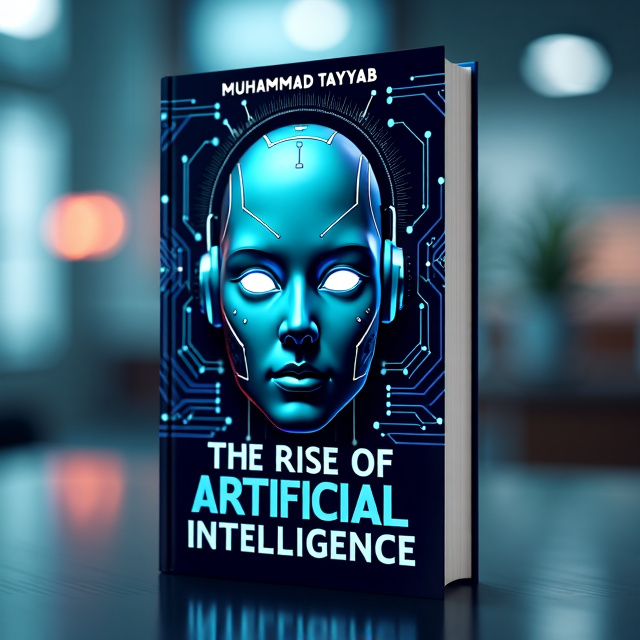 The cover features a close-up image of a futuristic robot face, with bright, glowing eyes that convey curiosity and wonder. The robot is surrounded by a circuit board-like pattern, symbolizing the rise of artificial intelligence. The overall color scheme is a combination of metallic silver and vibrant blue, representing technology and innovation.