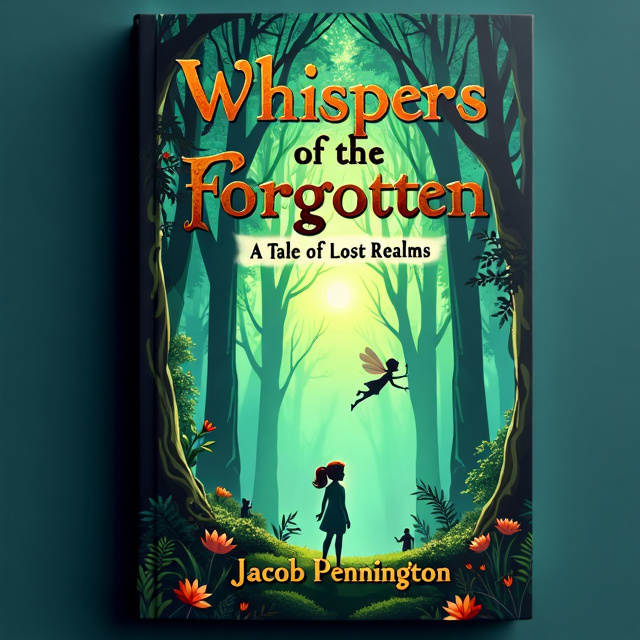 The cover features a lush, mystical forest with towering trees and a captivating glow emanating from within. Mia is shown standing at the edge of the forest, looking out with a sense of wonder and adventure. Liora, the playful sprite, floats above her, leading the way. The dark sorcerer, Kael, is depicted in the background, watching their every move. Villagers are scattered throughout the forest, representing the wisdom and stories shared along the journey.
