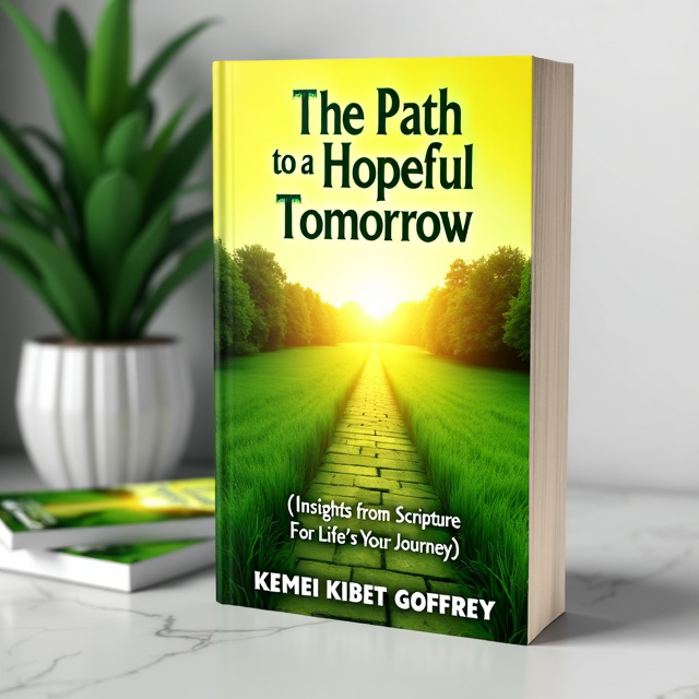 standing book mockup, Its title is "The Path to a Hopeful Tomorrow: (Insights from Scripture for Life’s Journey)". Its author name is KEMEI KIBET GEOFFREY.  The cover features a vibrant green pathway leading towards a radiant sunrise, symbolizing hope and a journey towards a better future. The title is placed at the top, with the author's name positioned at the bottom right corner. The title is written in a bold, elegant font that evokes a sense of positivity and spirituality. The author's name is displayed in a clean, modern font that complements the overall design., The pathway occupies the central part of the cover, creating a focal point that draws the viewer's attention. The title and author's name are positioned strategically to maintain a balanced composition.