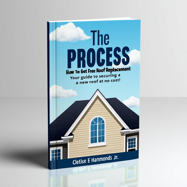 The background is a clean image of a house with a new roof against a blue sky with fluffy clouds. The main image is an illustration of a roof with a checklist symbol, symbolizing the step-by-step process of getting a free roof replacement. The title "The Process" is placed at the top, with the subtitle "Your guide to securing a new roof at no cost!" below it. The author name "Cletise E Hammonds Jr" is placed at the bottom in a smaller font.