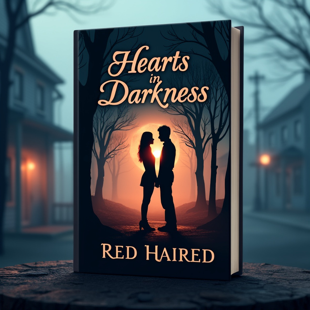 A dark, moody landscape of a foggy small town at dusk, with shadows cast from trees and buildings. Silhouettes of two figures (Lia and Logan) facing each other but slightly apart, with a hint of light between them symbolizing their connection and struggle in their relationship.