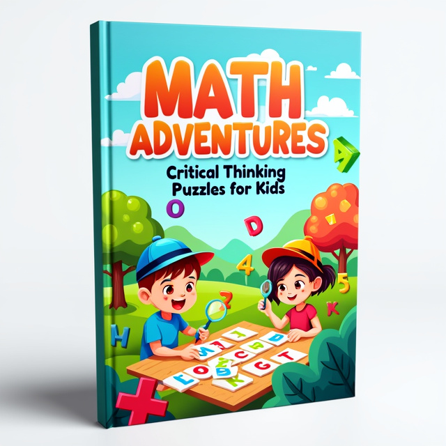 The cover features a colorful landscape with animated numbers and shapes interacting. In the foreground, children are shown solving puzzles with magnifying glasses and thinking caps.