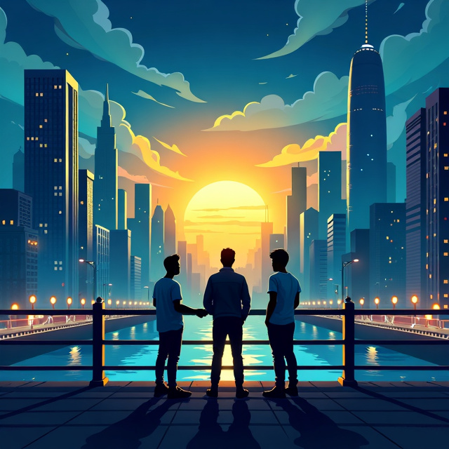 A dynamic cityscape backdrop transitioning from night to dawn, symbolizing hope and new beginnings. Three young men positioned at different points, looking toward the horizon where light breaks, indicating their dreams. Skyscrapers and street scenes representing modern life and challenges. A bridge connecting the protagonists, symbolizing aspirations. Shadows cast by the characters, representing struggles.