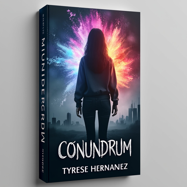 The cover features a dark and mysterious background with a faint silhouette of a city skyline, representing the dystopian setting. In the foreground, a young woman stands with her back turned, her silhouette partially erased, symbolizing the erasure of life. Above her, a burst of magical energy in vibrant colors creates a sense of hope and suspense. The title, "Conundrum," is displayed in bold, distorted typography, reflecting the protagonist's overthinking nature. The author name, Tyrese Hernandez, is placed in a smaller, elegant font at the bottom.