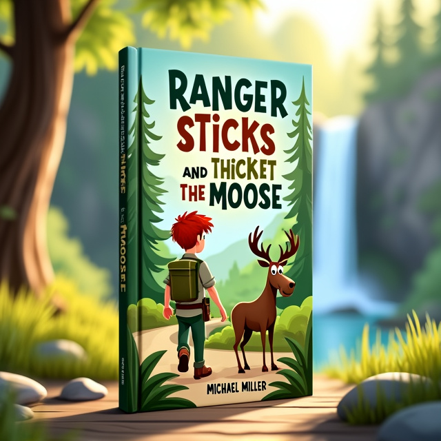 The cover features a whimsical illustration of a park ranger with red hair and skinny arms and legs walking down a park trail. The ranger is accompanied by a friendly moose named Thicket. In the background, there is a beautiful waterfall in the far distance, creating a sense of adventure and exploration.