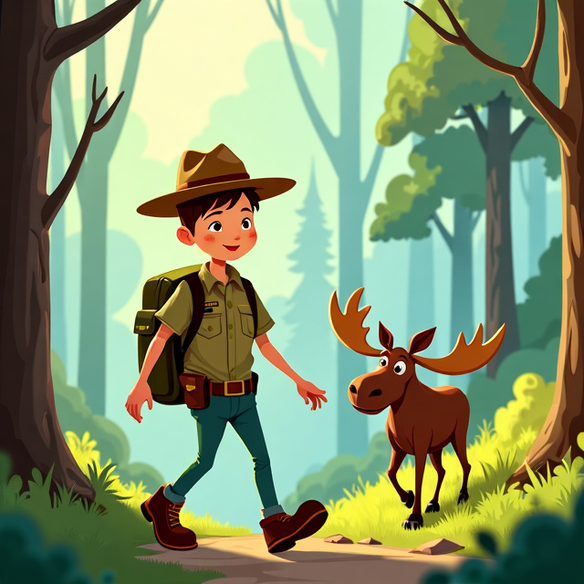 standing book mockup, Its title is "Ranger Sticks and Thicket the moose". Its author name is Michael J. Miller.  A short park ranger with skinny arms and legs walking down a park trail with a moose. Playful and bold fonts that are easy to read., The ranger and the moose will be the central focus of the cover, with the title placed above them and the author's name below.