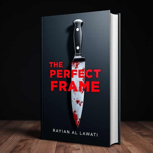 The cover features a close-up shot of a blood-stained knife against a dark background. The knife is positioned at an angle, creating a sense of tension and danger. The title "The Perfect Frame" is placed below the knife, with the word "Perfect" in bold red letters and the word "Frame" in a sleek and modern font. The author's name, Rayyan Al Lawati, is displayed at the bottom of the cover in a clean and elegant font.