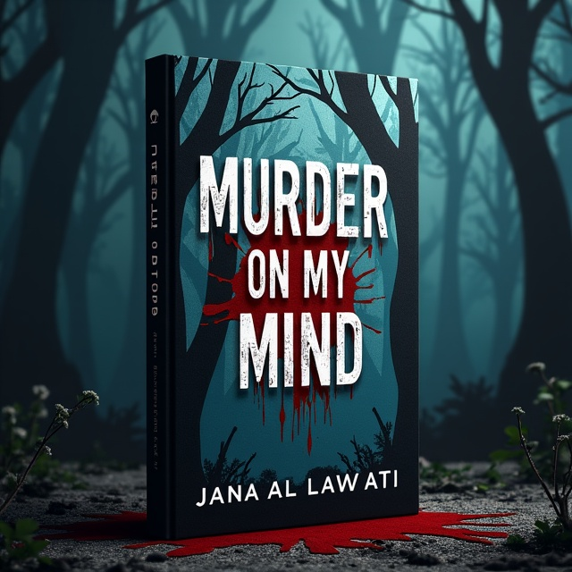 The cover features a dark and eerie enchanted forest as the background, with ominous shadows and branches stretching out, giving a sense of foreboding. In the center, there is a blood splatter that adds a shocking element to the design, symbolizing the murder mystery aspect of the book.