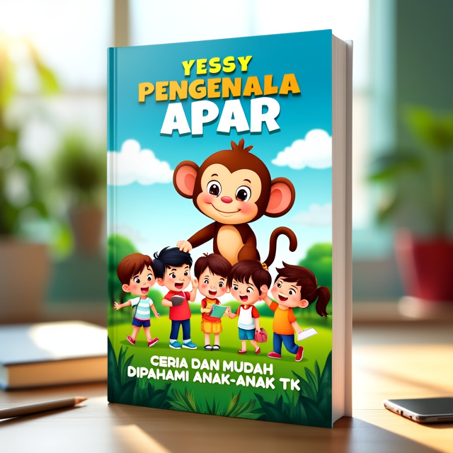The cover features a bright and colorful illustration of a playful monkey named Apar and a group of happy children from a kindergarten. They are engaged in various educational activities, such as reading, drawing, and playing. The background showcases a sunny day with blue skies and green grass, creating a cheerful and inviting atmosphere.