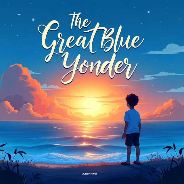 A beautiful big sunset illuminates the sky and sea with vibrant shades of blue and orange. The horizon line blends seamlessly, creating a sense of connection and unity between the elements. In the foreground, a lone boy stands with his back to the viewer, reflecting a sense of solitude and peace.