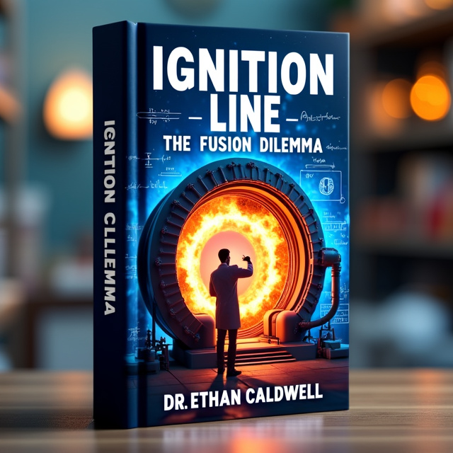 The cover features a close-up image of a fusion reactor, with vibrant blue and orange colors representing the intense heat and energy. Behind the reactor is a silhouette of a scientist working in a lab, surrounded by equations and scientific diagrams. The overall style is sleek and modern, with a futuristic touch.