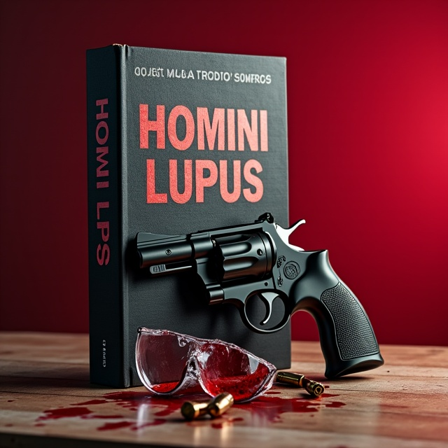 A close-up view of a revolver placed on a kitchen table. Next to it are bullets scattered haphazardly, and a pair of broken glasses tainted with blood. The background is a subtle gradient of red, fading from dark to light.