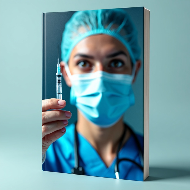 The cover features a close-up image of a doctor wearing a surgical mask, holding an injection. The image is centered and takes up the majority of the cover, with a subtle blue background.