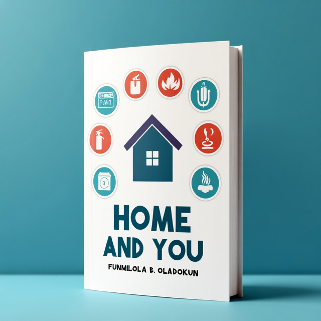 The cover features a simple, clean design with a home icon at the center, symbolizing safety at home. The home icon is surrounded by various safety signs and tools, such as a fire extinguisher, first aid kit, and smoke detector, representing the content of the book. The background is a gradient of blue tones, creating a sense of calm and trust.