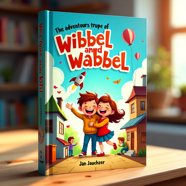 The cover features Wibbel and Wabbel, depicted as cheerful and curious children, in the foreground. They are shown laughing and hugging, exuding joy and friendship. In the background, various adventure scenes are depicted, such as building a rocket, solving a detective case, and outwitting the principal in a chewing gum trap. Imaginative details, like flying colors and magical creatures, are added to enhance the sense of adventure.