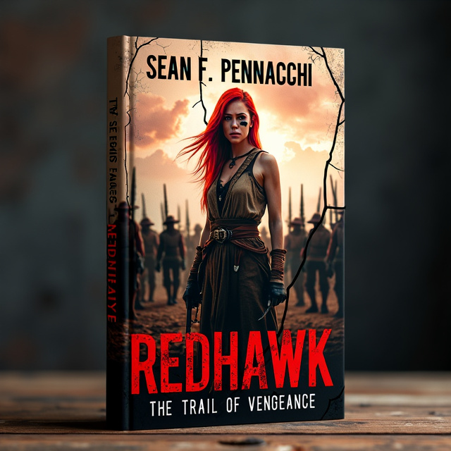 The cover features a photorealistic image of a 23-year-old woman standing in front of an army. She has long red hair, wears a buckskin dress, and has black war paint on her face. The background is dark with hints of red and black swirls, representing the dark Western genre. The front cover is cracked, adding a sense of intensity and intrigue to the design.