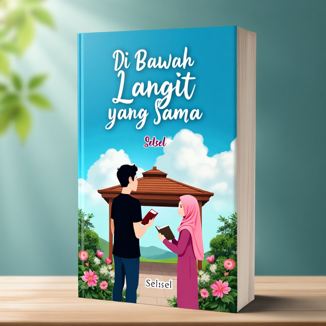 The cover features a vibrant blue sky background with fluffy white clouds. In the foreground, there is a wooden gazebo surrounded by blooming flowers. A young man wearing a black shirt stands facing a young girl wearing a pink hijab. They are holding books in their hands, symbolizing knowledge and spirituality.