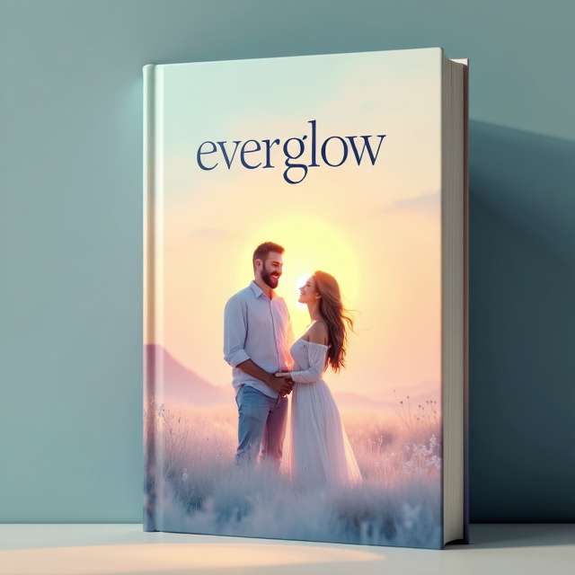 The cover features a soft, ethereal landscape with pastel colors—gentle blues and soft pinks blending into a warm golden hue at the horizon. In the center, a man and a woman stand side by side. The man has a subtle, glowing halo above his head, suggesting a sense of purity or enlightenment. He has a warm, inviting smile. The woman is dressed in flowing attire, looking confident and serene, with her hair gently tousled by a light breeze.