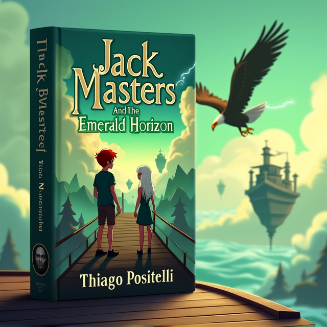 The cover shows the two 17-year-old twins standing on the deck of an airship, with the brother having red hair in a small ponytail and the sister pale with red eyes and white hair. A backdrop of floating islands and clouds creates a fantastical atmosphere. In one of the clouds, the face of an old man is subtly visible. A giant eagle with lightning powers is seen flying alongside the airship, adding an element of action and adventure to the scene.