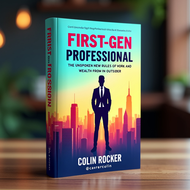 The cover features a vibrant and dynamic image of a young professional confidently standing in front of a city skyline. The image is eye-catching and evokes a sense of success and ambition. The title "First-Gen Professional" is prominently displayed at the top of the cover, with the author name "Colin Rocker" below it. The subtitle and the author's social media handle "@careercolin" are placed at the bottom of the cover.