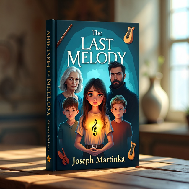 In the center, a young girl wearing a necklace with a glowing treble clef, flanked by two boys. On the left side, an old woman with silver hair and kind eyes. On the right side, a man with dark hair, a beard, and a mustache. In the background, a shadowy figure in dark clothing. In the corners, a flute, a lyre, a drum, and a harp.