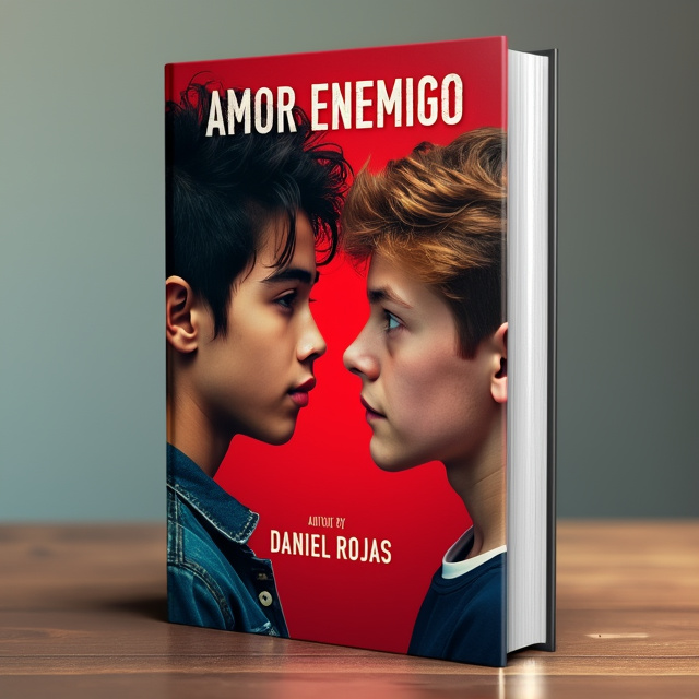 The cover features a close-up shot of two young men facing each other, representing the contrasting emotions of love and hate. The dark-haired boy with brown eyes is on the left side of the cover, while the golden-haired boy with blue eyes is on the right side. The background is filled with a vibrant red color, symbolizing passion and intensity.