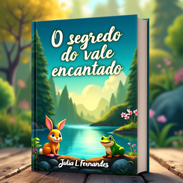 The cover features a vibrant and magical scene of the Enchanted Valley. In the foreground, the soft and colorful Rabbit Lila, wearing a vibrant bow on her legs, stands at the edge of the shimmering lake, looking curiously into the water. Next to her, the friendly and smiling Frog Tico sits on a rock, his eyes shining with excitement.