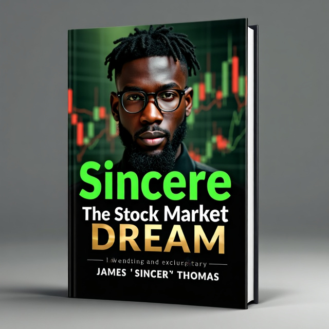 The cover features a close-up image of a young Black man looking determined and focused, surrounded by a background of stock market charts and graphs. The color scheme is predominantly black and green, with pops of gold accents to symbolize success and wealth.