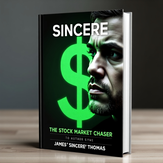 The cover features a close-up of a man's face, depicting determination and focus. Overlaying the image is a bold, green dollar sign symbol, representing the stock market theme. The title "Sincere The Stock Market Chaser" is prominently displayed at the top, in a sleek and modern font. The author's name, "James 'Sincere' Thomas," is added at the bottom, in a clean and professional style.
