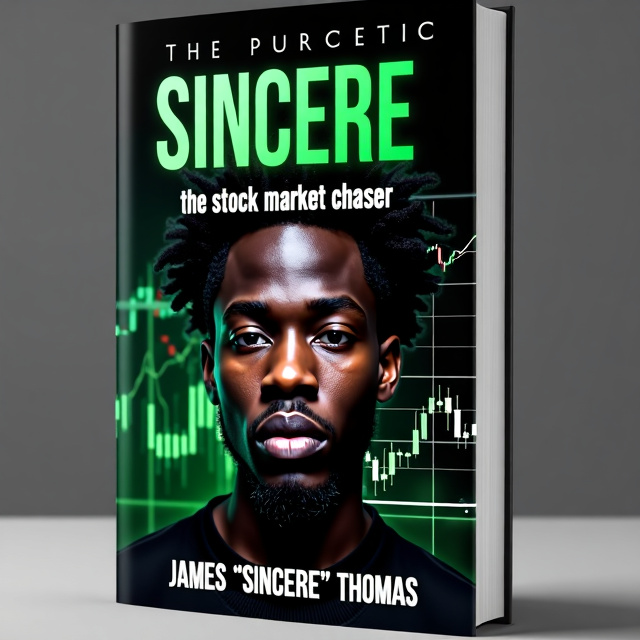 The cover features a close-up image of a young Black man with a determined expression on his face, overlaid with stock market charts and graphs. The background is a gradient of black and green, symbolizing both the challenges and growth that Sincere experiences.