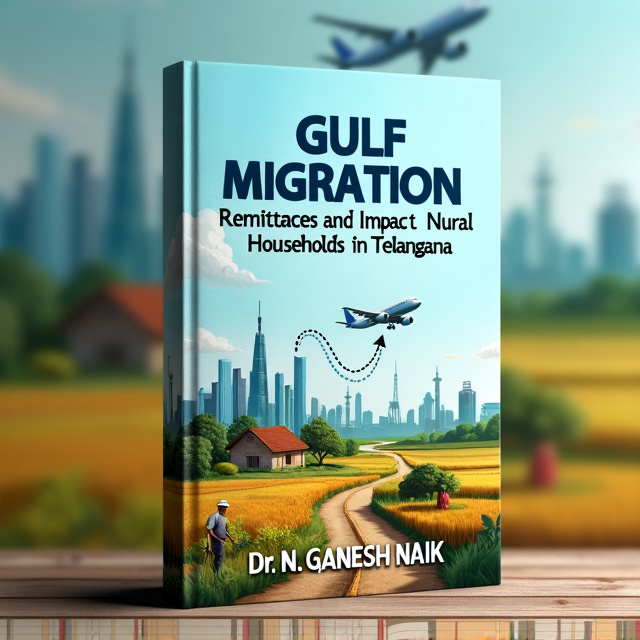 The cover will feature a rural landscape in the foreground, with fields, small homes, and a farmer in traditional attire. The Gulf region's skyline will be depicted in the background, showcasing modern skyscrapers or oil rigs. A faint map will connect Telangana to the Gulf, with dotted lines or arrows tracing the journey. An airplane symbolizing migration will be flying along this path, representing the travel of workers.