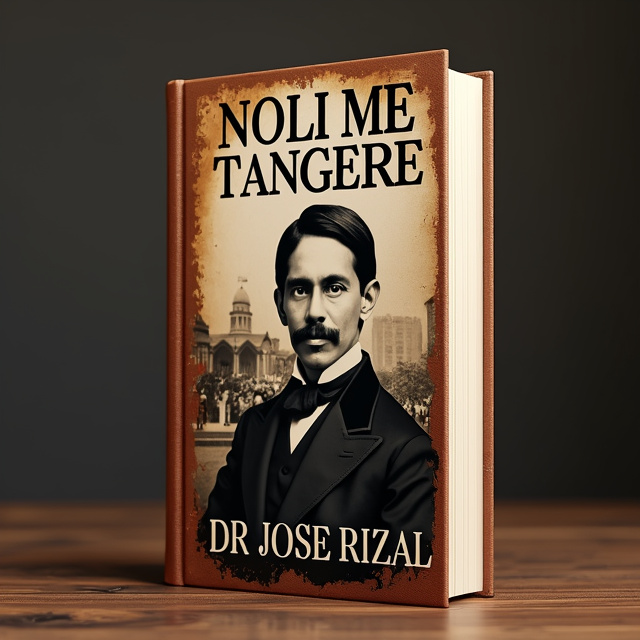 The cover features a modern twist on an old book design. The title, "NOLI ME TANGERE," is prominently displayed at the top, with the words appearing as if they were embossed on worn, brown leather. In the center of the cover, there is a large, black and white portrait of Dr. Jose Rizal, giving the book a historical and personal touch. Behind the portrait, there is a faded image of the Spanish colonial era in the Philippines, symbolizing the theme of the book.