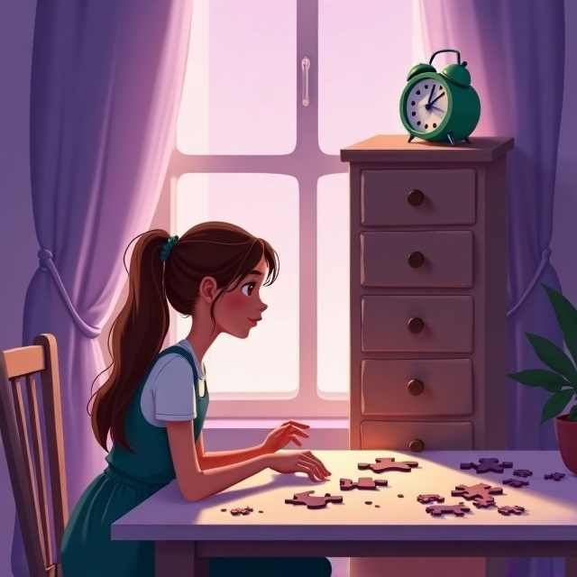 A teenager girl with long brown hair in a ponytail sitting next to her grandmother at a table. They are puzzling together, with a tall chest of drawers in the background. On top of the chest, there is a green travel alarm clock that subtly stands out. The illustration is soft, dreamy, and lightly magical, evoking feelings of innocence, joy, and discovery.