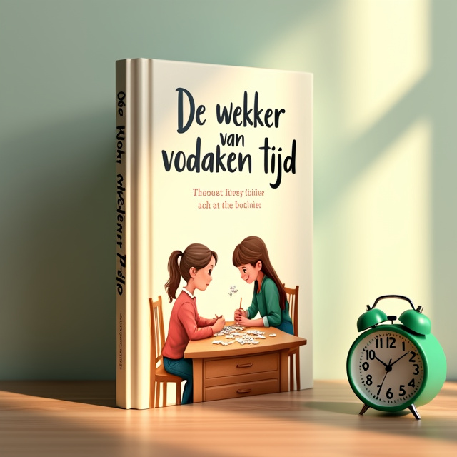 A teenager girl with long brown hair in a ponytail sitting next to her grandmother at a table. They are puzzling together, with a chest of drawers in the background. On top of the chest, there is a green pocket travel clock that subtly stands out. The illustration is soft, dreamy, and lightly magical, evoking feelings of innocence, joy, and discovery.