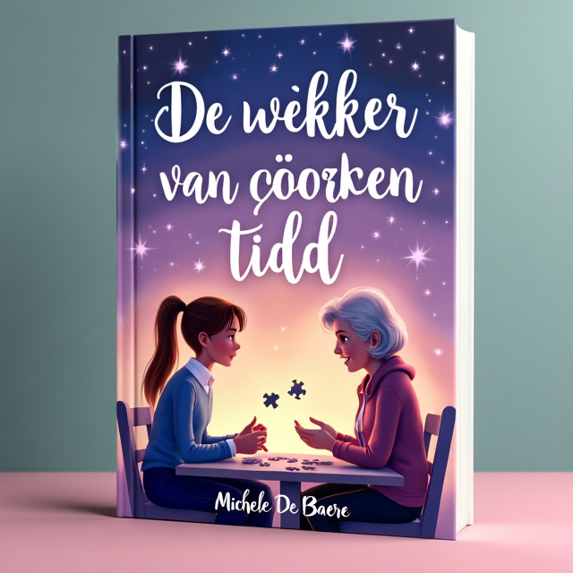 The cover features a soft and dreamy color palette of purples, blues, and pinks. In the center, a starry sky with glowing stars and light particles creates a sense of mystery and wonder. Two figures, a teenage girl and her grandmother, are sitting together at a table playing with puzzle pieces. The grandmother has a timeless and cozy look, wearing a blue and white dress with a loose, button-down blue sweater. The teenager has a practical and sporty style, with long brown hair in a ponytail and wearing jeans and a sweater with a pink polo shirt underneath.