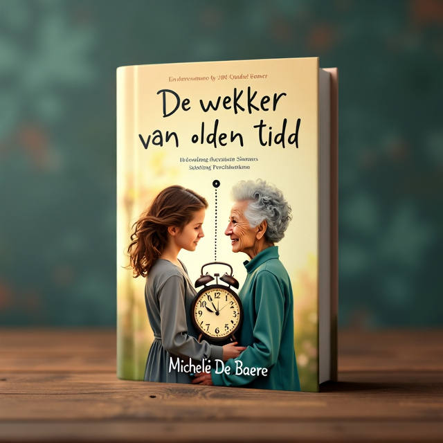 The cover features a dreamy and symbolic representation of time and generations. In the center, a 15-year-old girl with brown hair in a loose ponytail stands next to an older woman, her grandmother, with short gray curly hair. They are connected by an old pocket alarm clock, which intertwines with their figures. The clock's hands and numbers flow seamlessly into the girl's flowing hair and the grandmother's wrinkled hands, symbolizing the invisible thread of time that binds them together. The background is a soft, warm color tone that evokes a sense of wonder and nostalgia.