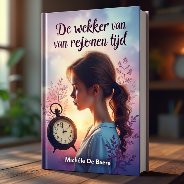 The cover features a 15-year-old girl with brown hair in a loose ponytail in the center, intertwined with her grandmother, a woman with short, gray curly hair and classic granny glasses. The image is blended with a vintage travel clock, symbolizing the passage of time. The girl's hair flows into the hands of the clock, creating a visual connection. The background has a dreamy and warm tone, with soft colors of purple, pink, and blue.