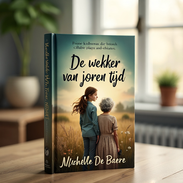 The book cover features an artistic representation of time and generations. In the center, a 15-year-old girl with brown hair in a loose ponytail stands next to her older grandmother with short, gray curly hair. The girl's hair flows into the hands of a vintage travel clock, symbolizing the bond between generations and the flowing nature of time. The style is dreamy and warm, with soft colors and a touch of mystery.