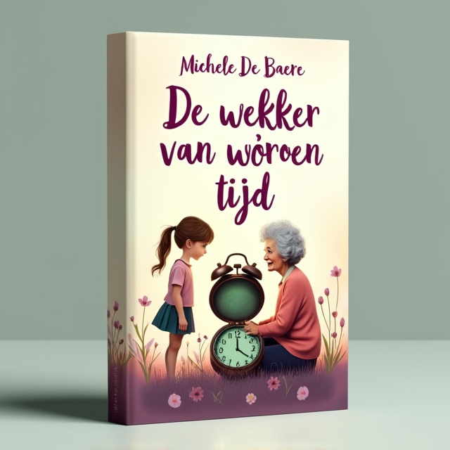 The cover features a 15-year-old girl with brown hair in a loose ponytail standing next to her grandmother, who has short curly grey hair. They are both looking at an old pocket alarm clock, which is open to reveal a green face. The clock is positioned to intertwine with the other elements in the scene, symbolizing the connection between time, generations, and life itself. The overall style is artistic and symbolic, with soft, pastel colors to convey innocence and wonder.