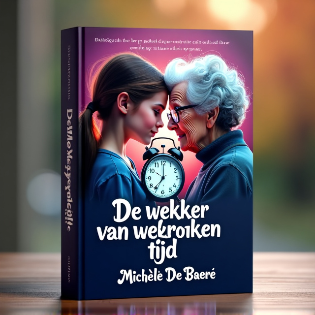 The cover features a 15-year-old girl with brown hair in a loose ponytail standing next to her grandmother, who has short, gray curly hair and classic granny glasses. In the center of the image is an old pocket alarm clock, symbolizing time and generations. The clock is intertwined with the girl and her grandmother, representing the invisible thread connecting them and life itself. The color palette consists of shades of purple, pink, and blue, creating a sense of mystery and adventure.
