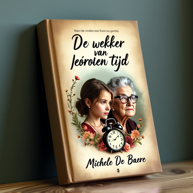 The cover features a 15-year-old girl with brown hair in a loose ponytail in the center. She is accompanied by an older woman, a grandmother with short, gray curly hair and classic granny glasses. A prominent element is an old pocket alarm clock, intertwined with the characters. The clock symbolizes the invisible thread of time connecting the girl, her grandmother, and life itself. The style is dreamy, mysterious, and warm, with soft colors that reflect both youth and old age.
