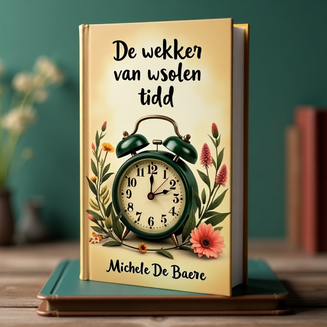 The cover features a 15-year-old girl with brown hair in a loose ponytail in the center. She is accompanied by an older woman, a grandmother with short, gray curly hair and classic granny glasses. A prominent element is an old green travel pocket alarm clock, intertwined with the characters. The clock symbolizes the invisible thread of time connecting the girl, her grandmother, and life itself. The style is dreamy, mysterious, and warm, with soft colors that reflect both youth and old age. In the cover, you can also find flower larkspur because it's the flower of the birthday month of the grandmother surrounding the girl and the grandmother.