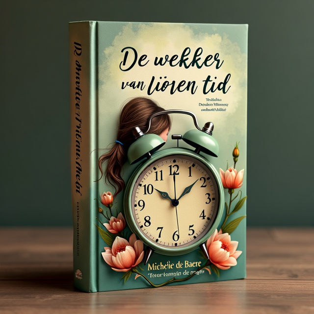 The cover features a 15-year-old girl with brown hair in a loose ponytail in the center. She is accompanied by an older woman, a grandmother with short, gray curly hair and classic granny glasses. A prominent element is an old green travel pocket alarm clock, intertwined with the characters. The clock symbolizes the invisible thread of time connecting the girl, her grandmother, and life itself. The style is dreamy, mysterious, and warm, with soft colors that reflect both youth and old age. In the cover, you can also find flower larkspur because it's the flower of the grandmother's birthday month surrounding the girl and the grandmother.
