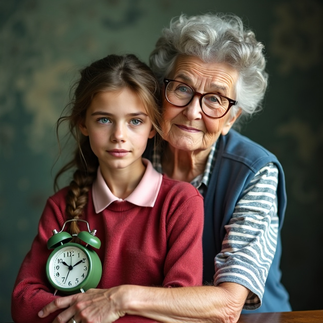 The cover features a 15-year-old girl with brown hair in a loose ponytail in the center wearing a red sweater with a pink polo underneath. She is accompanied by an older woman, a grandmother with short, gray curly hair and classic granny glasses with a blue and white dress with a blue vest. An old green travel alarm clock is intertwined with the characters, symbolizing the invisible thread of time connecting the girl, her grandmother, and life itself. The style is dreamy, mysterious, and warm, with soft colors that reflect both youth and old age.