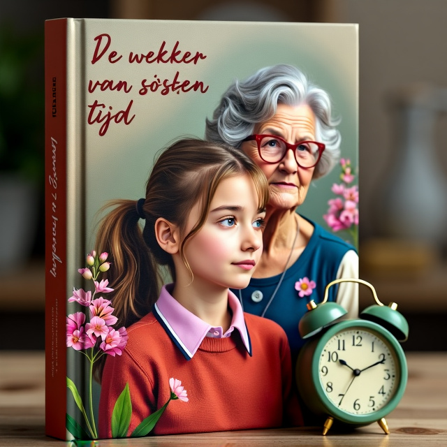 The cover features a 15-year-old girl with brown hair in a loose ponytail in the center wearing a red sweater with a pink polo underneath. She is accompanied by an older woman, a grandmother with short, gray curly hair and classic granny glasses with a blue and white dress with a blue vest. They are both surrounded by the flower larkspur. An old green travel alarm clock is intertwined with the characters. The style is dreamy, mysterious, and warm, with soft colors that reflect both youth and old age.