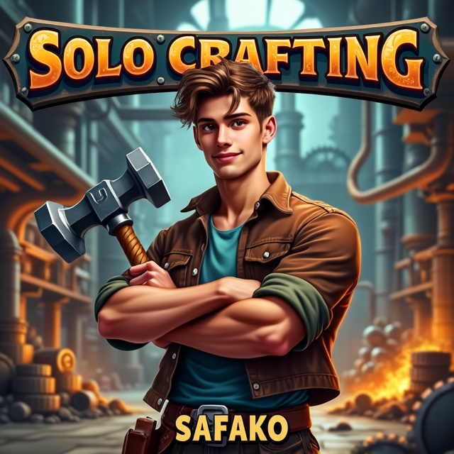 The cover features a young man with brown hair and brown eyes standing in front of a fantasy-style factory. He holds a big hammer in his hand, exuding confidence and determination. The background is filled with mechanical gears and machinery, creating a sense of the industrial setting. The overall style is vibrant and dynamic, capturing the adventurous spirit of the fantasy genre.