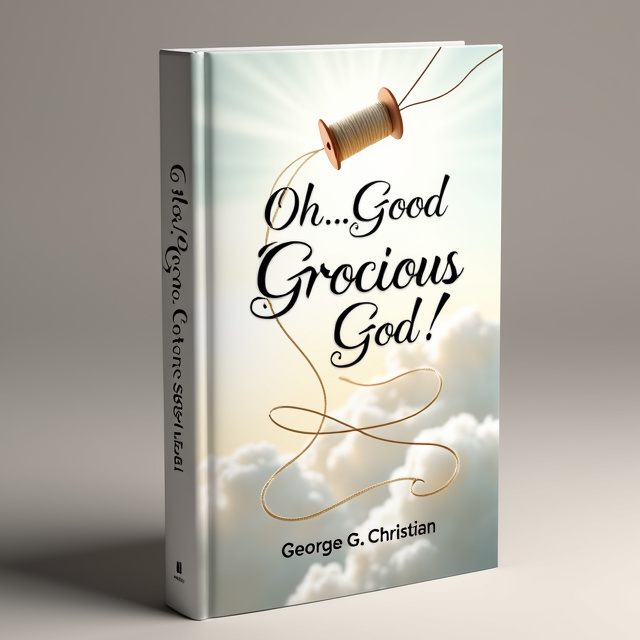 The cover features a predominantly white background with soft, translucent clouds, creating a heavenly and peaceful atmosphere. A delicate spool of thread is positioned at the top, releasing a thin, winding thread that flows gracefully across the cover. The thread intertwines and creates a subtle, intricate pattern, symbolizing life's journey and hardships. The title, "Oh...Good Gracious God!", is elegantly placed with the thread partially intersecting, symbolizing a connection to the divine.