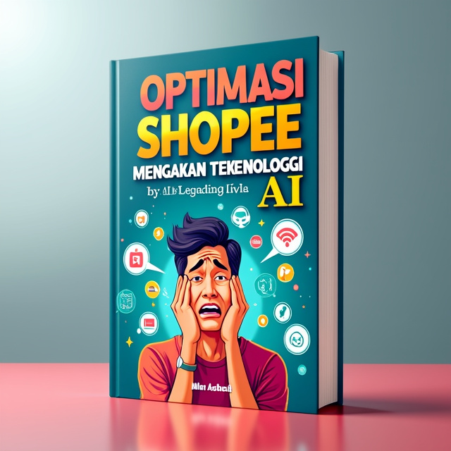The cover features a vibrant and eye-catching illustration of a tired and frustrated person surrounded by Shopee icons and AI symbols. The person is shown looking exhausted while managing their Shopee store. The background is a mix of bright colors that convey energy and excitement.